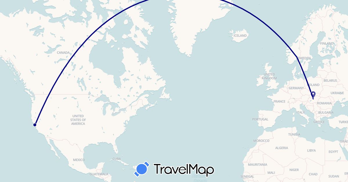 TravelMap itinerary: driving in Hungary, Norway, United States (Europe, North America)